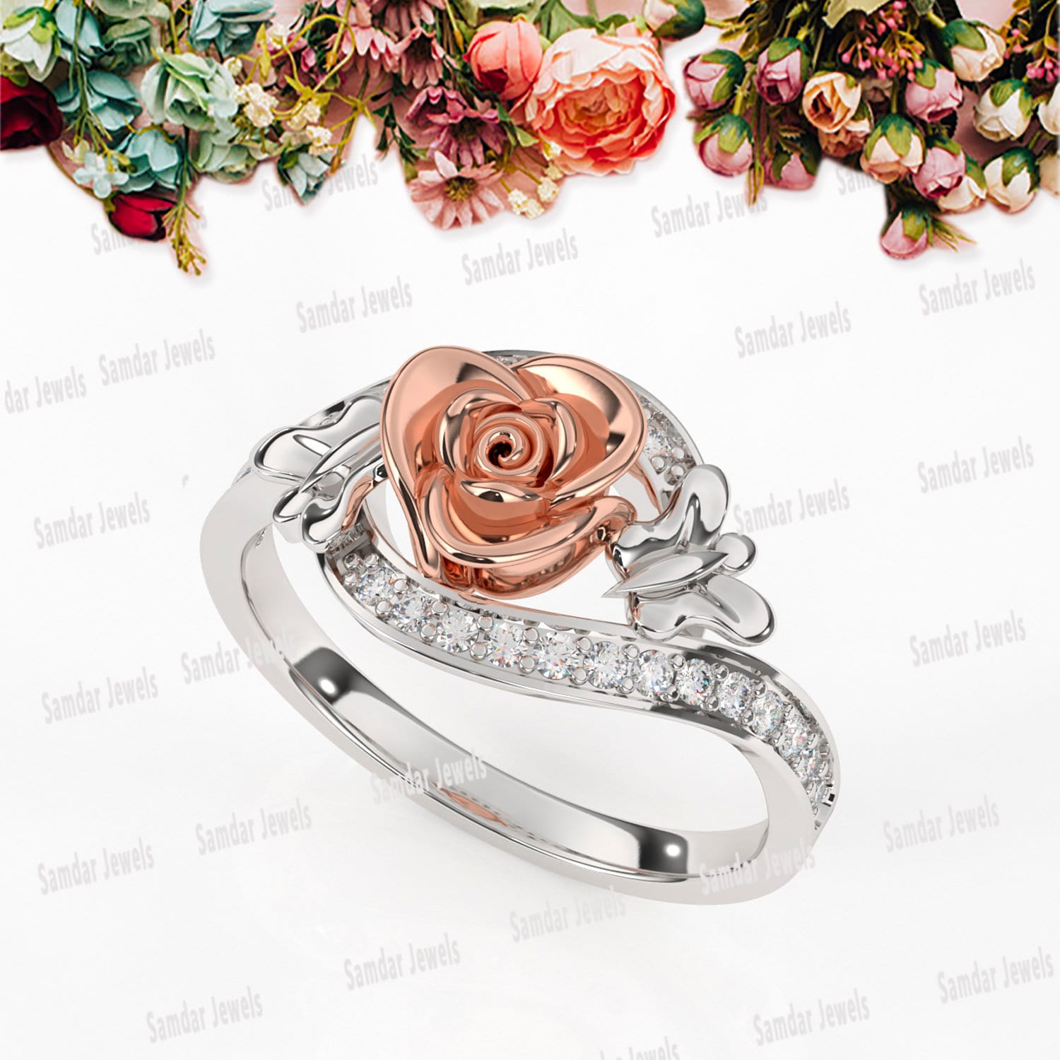 Flower Rose Ring 14k Solid Gold Natural Diamond Floral Etsy