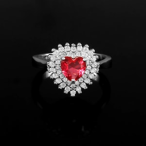 Princess Diana Inspired Ruby Engagement Ring Halo Heart Shape Red Ruby with Diamonds Wedding Anniversary Classic Vintage Ring For Women
