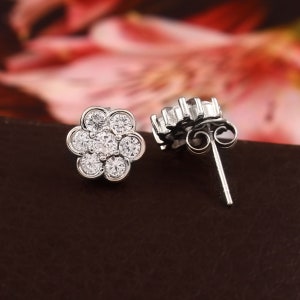14k Solid Gold Diamond Flower Stud Earrings: Bezel Set Dainty Studs