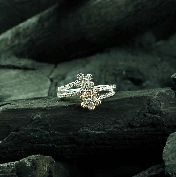 Anelli con due fiori di diamanti di alta qualita per donna gioielli in oro massiccio 14k anello con diamanti naturali fatto a mano floreale delicato a doppia fascia ispirato alla natura