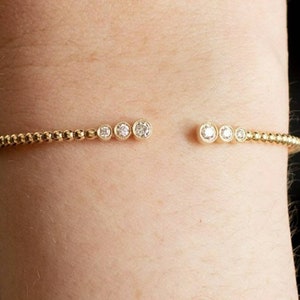 14k Gold Open Cuff Bangle Bracelet: Diamond Zircon Bezel