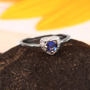 14k Gold Simulated Sapphire Ring: Dainty Diamond Halo