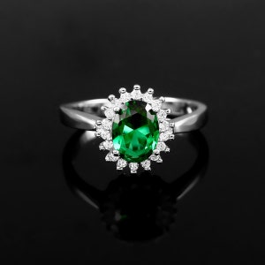 14k Gold Simulated Emerald Ring: Natural Diamond Halo Bridal Ring