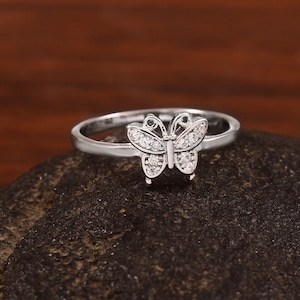 14k Solid Gold Butterfly Diamond Ring: Dainty Pave Set Promise Ring