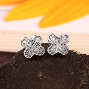14k Solid Gold Flower Stud Earrings: Natural Diamond Floral Pave