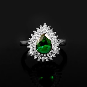 14k Gold Simulated Emerald Ring: Diamond Halo Bridal Ring