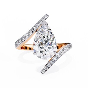 Pear Cut Moissanite Bypass Ring: 3.07ct Certified Engagement Ring