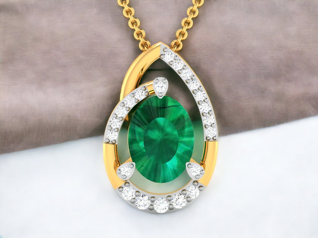 Oval Emerald Diamond Necklace 14k Solid Gold Lab Made Emerald - Etsy