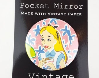 Espejo de bolsillo de 3 pulgadas hecho con papel vintage, papel pintado vintage de Alicia en el País de las Maravillas, espejo de bolsillo hecho a mano