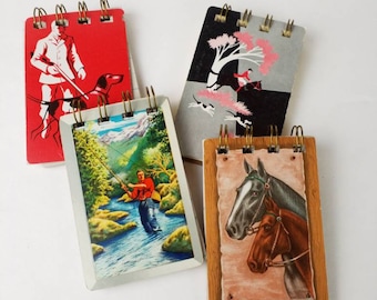 Mini blocs de notas upcycled de tarjetas de juego vintage, notas de papel vintage, conjunto de 4 mini cuadernos hechos de cartas de juego con el tema al aire libre