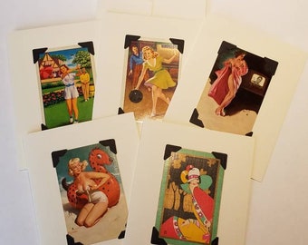 Greeting cards made from vintage playing cards, set of 5 blank cards,  pin-up girls,