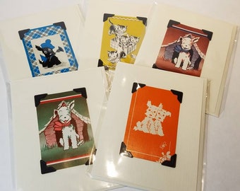 Greeting cards made from vintage playing cards, set of 5 blank greeting cards, greeting cards with dogs and cats, Scottie, happy dogs,  cats