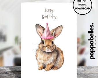 Printable Hoppy Birthday Bunny Card, Cute Pink Watercolour Rabbit Card, Happy Birthday Downloadable Card, Last Minute Card, Digital Download