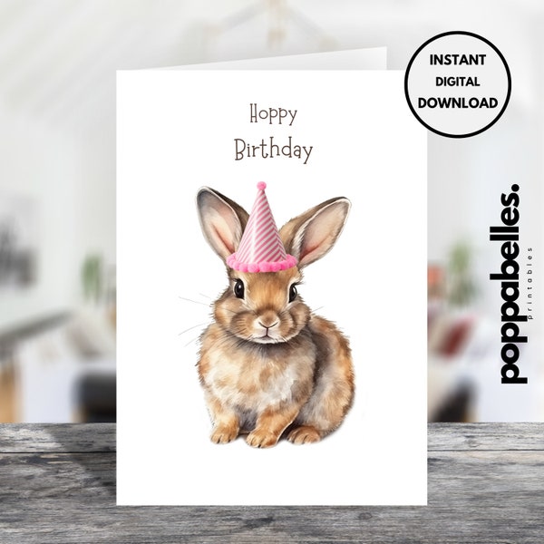 Printable Hoppy Birthday Bunny Card, Cute Pink Watercolour Rabbit Card, Happy Birthday Downloadable Card, Last Minute Card, Digital Download