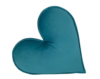 Teal Blue Velvet Heart Shaped Cushion, Heart Pillow, Throw Pillow, Decorative Cushion, Nursery Decoration, Valentines Gift