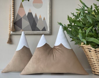 Natural Beige Mountain Pillow, Snowy Peak Cushion, Toddler Room Decor, Scandi, Scandinavian Decoration, Neutral Nursery, Adventure Themed