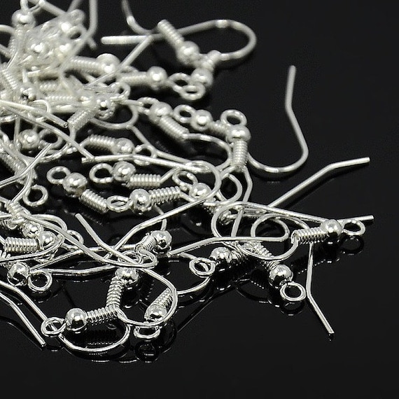 50 x Silver Plated Ear Wire Fish Hook Earring Hooks Bead & Spring 18mm  Findings