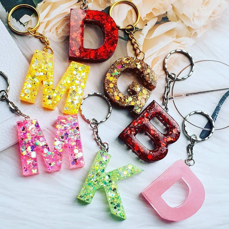 Resin Keychain, Personalised Gift, Woman Gift, Gift Idea, Glitter Accessory, Letter Keychain, Custom Keychain, Resin Keyring, keychain Gift, image 1