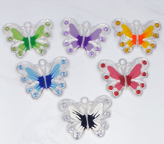 10 Butterfly Charms Silver Plated Enamel Rhinestone 21mm For Jewellery Making 