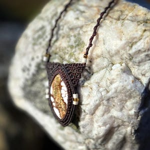 Wild Horse Jasper Necklace, Boho Micro Macrame Pendant, Handmade Dark Brown Statement Jewelry, Natural Stone Talisman