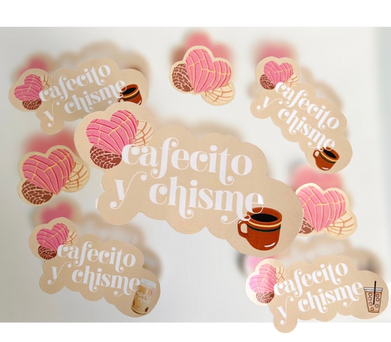 May include: A set of eight stickers featuring the phrase "cafecito y chisme" in a white script font on a beige background. Each sticker features a different illustration of a traditional Mexican pastry, a cup of coffee, or a coffee mug.