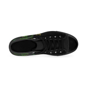 May include: Black high-top canvas sneakers with a green and yellow floral print. The shoes have white laces and a black rubber sole.