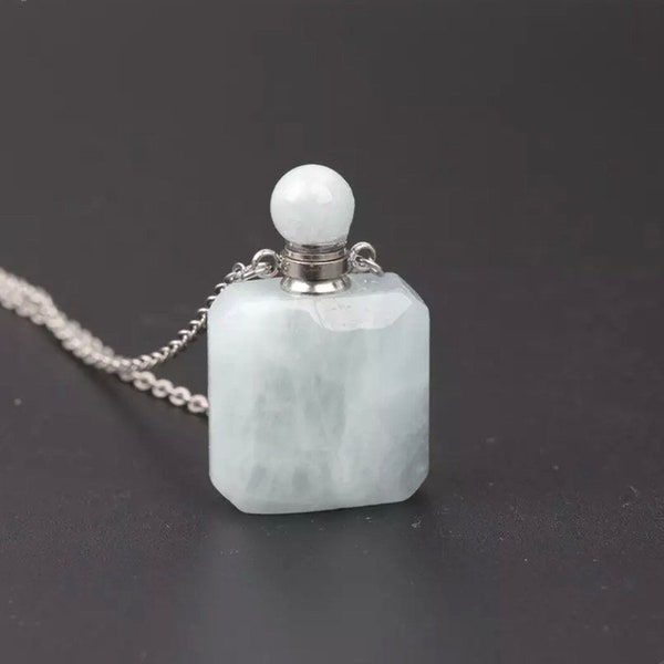 Aquamarine Gemstone Crystal Bottle Necklace • Cremation Ash Vial • Keepsake Urn Necklace • Pet Memorial Jewelry • Human Ashes Holder Bottle