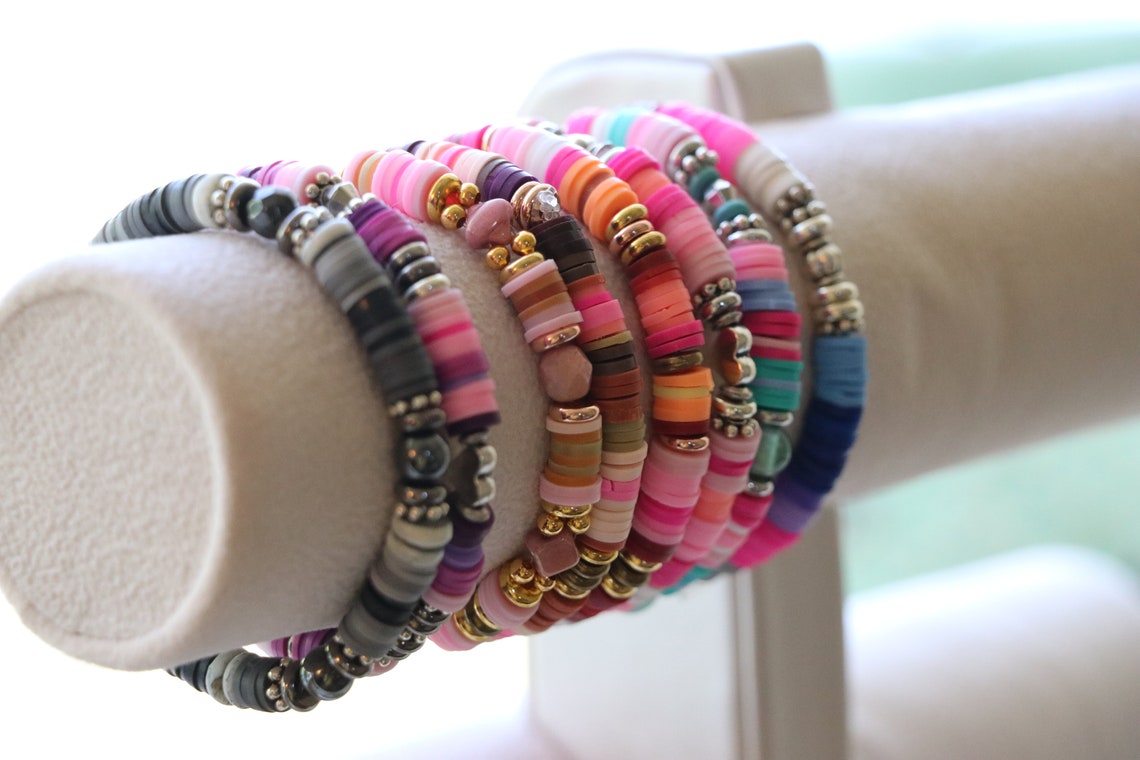 Polymer Clay Disc & Silver Beaded Bracelet Etsy