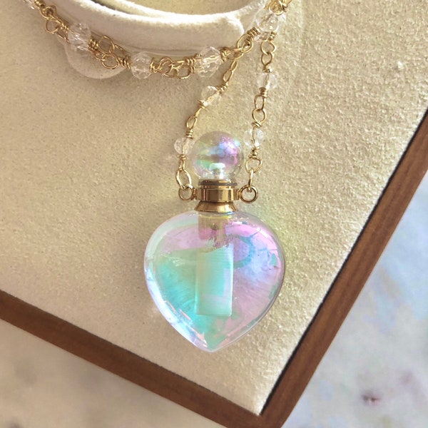 Angel Aura Crystal Heart Vial •  Bottle Pendant • Cremation Ash Necklace • Heart Urn • Urn Necklace  • Loss of Mother • Wearable Urn