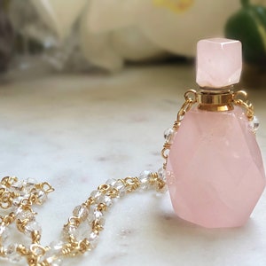 Rose Quartz Vial Pendant - Gemstone Perfume Bottle - Essential Oil Diffuser Jewelry - Cremation Vial Pendant - Memorial Jewelry