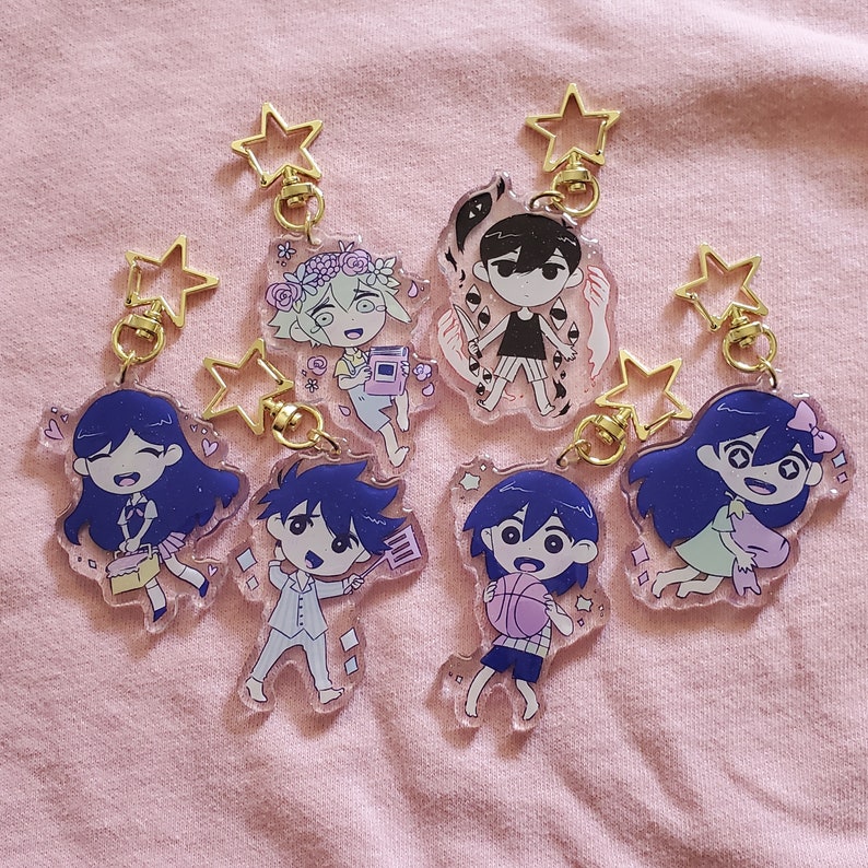 OMORI acrylic charm keychains double sided glossy glitter epoxy 2.5 inch | sunny basil hero mari kel aubrey charms 