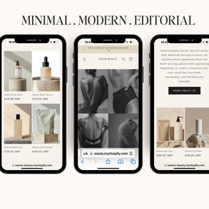 May include: A mobile phone screen displaying a website for a beauty brand called "Noeme Beauty". The website features a minimalist design with images of skincare products and a model wearing a black swimsuit. The text on the screen reads "Noeme Beauty blends nature's power with advanced skincare science. We harness active ingredients from the earth and sea, paired with captivating fragrances, to create a luxurious self-care ritual that nourishes, rejuvenates, and elevates your everyday. More About Us."