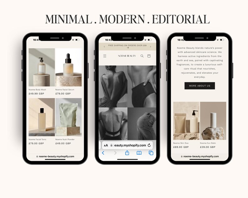 May include: A mobile phone screen displaying a website for a beauty brand called "Noeme Beauty". The website features a minimalist design with images of skincare products and a model wearing a black swimsuit. The text on the screen reads "Noeme Beauty blends nature's power with advanced skincare science. We harness active ingredients from the earth and sea, paired with captivating fragrances, to create a luxurious self-care ritual that nourishes, rejuvenates, and elevates your everyday. More About Us."
