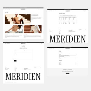 Four website page templates showing journal, sizing chart, contact, and FAQ layouts.