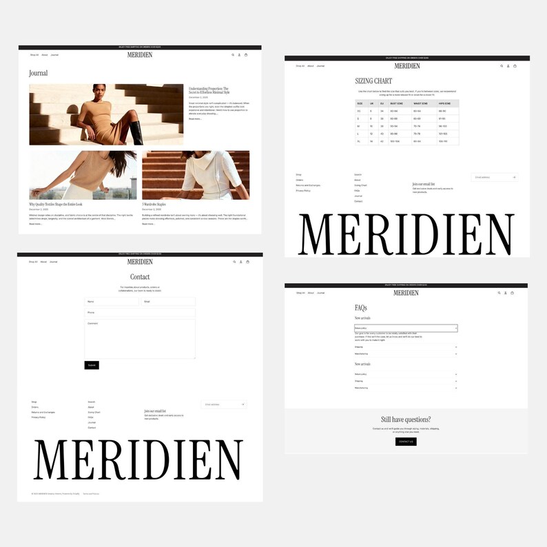 Four website page templates showing journal, sizing chart, contact, and FAQ layouts.