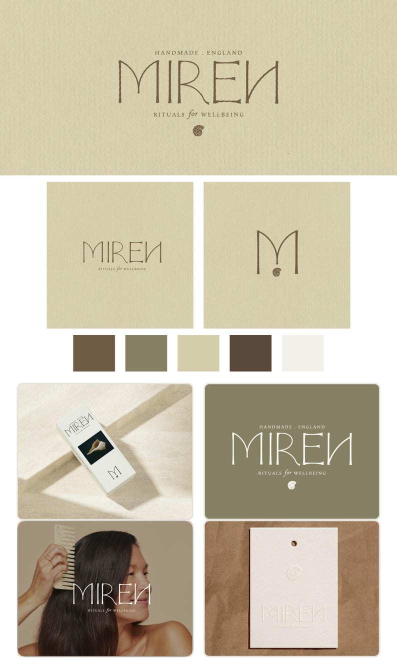 K&ouml;nnte beinhalten: Ein Markenidentit&auml;ts-Set f&uuml;r Mirem, bestehend aus einem Logo mit dem Text HANDMADE ENGLAND MIREM RITUALS for wellbeing und einem kleinen Muschelsymbol. Das Set enth&auml;lt Farbmuster, eine wei&szlig;e Produktbox, einen Haarkamm und ein Markenetikett.