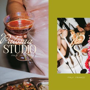 May include: A glass of red cocktail with a grapefruit slice, with the text "Paloma STUDIO ITALY, FRANCE". The image also shows a table setting with pasta, flowers, and people.