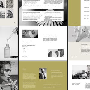 May include: A multi-page brochure with a minimalist design. The pages feature black and white photographs of a woman, product shots, and text. The brochure's color palette includes white, black, and muted green.