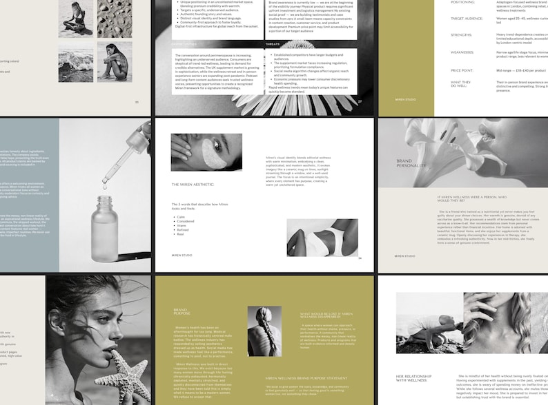 May include: A multi-page brochure with a minimalist design. The pages feature black and white photographs of a woman, product shots, and text. The brochure's color palette includes white, black, and muted green.