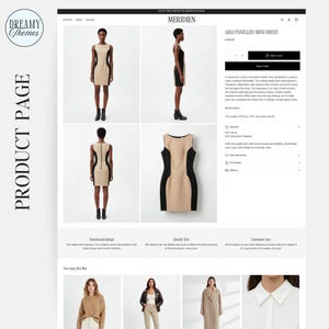 A product page layout displaying a structured mini dress with front, back, and detail views.