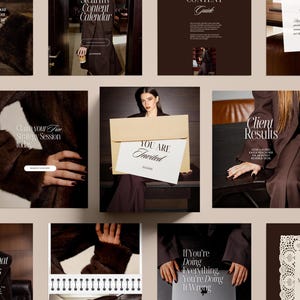 Könnte beinhalten: Eine Collage von Bildern mit einheitlicher Ästhetik, die eine Frau in einem braunen Anzug, eine Hand, die ein Telefon hält, und Text mit der Aufschrift "YOU ARE Invited" und "Client Results" zeigt. Das Gesamtthema deutet auf einen Geschäfts- oder Marketingkontext hin.