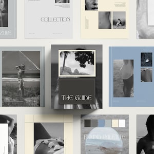 Op de afbeelding: Een verzameling zwart-witfoto's met mensen en landschappen. De afbeeldingen zijn in een rasterpatroon op een witte achtergrond gerangschikt. De tekst "COLLECTION" is in een minimalistisch lettertype bovenaan de pagina gedrukt. De tekst "THE GUIDE" is in een minimalistisch lettertype op een zwarte achtergrond gedrukt.