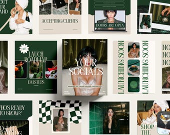 May include: A series of social media graphics in dark green and beige. The designs include text like "About Your Brand", "Accepting/Clients", "Launch Roadmap", and "Your Socials". The images feature a woman holding a phone and a laptop.