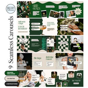 以下が含まれることがあります： 緑と白のデザインの、9つのシームレスカルーセルテンプレートを備えたデジタル製品モックアップ。テンプレートには、「Grid Goals」、「Launch Roadmap」、「Reels that Convert」などのテキストが含まれています。画像には「Dreamy Themes」というテキストも含まれています。