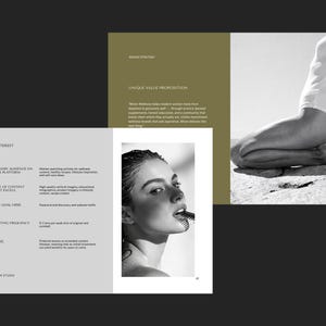 May include: A grayscale image of a magazine spread. The left page features text about Pinterest, including audience, content type, and goals. The right page has a woman in a white swimsuit sitting on a rock. A black and white portrait of a woman is in the center.