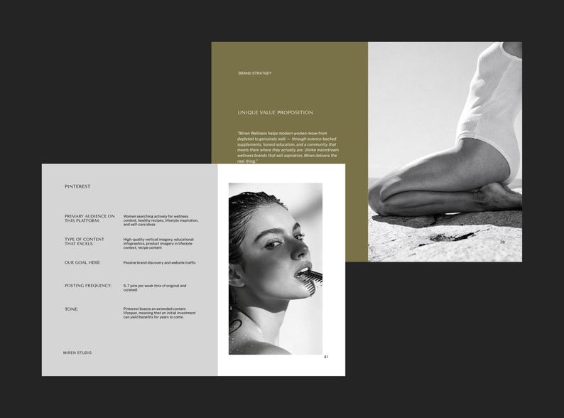 May include: A grayscale image of a magazine spread. The left page features text about Pinterest, including audience, content type, and goals. The right page has a woman in a white swimsuit sitting on a rock. A black and white portrait of a woman is in the center.