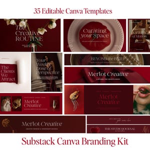May include: A collection of 35 editable Canva templates for a Substack branding kit, featuring deep red color palettes, elegant serif typography, and various layouts including text overlays like The Creative Routine and Merlot Creative.