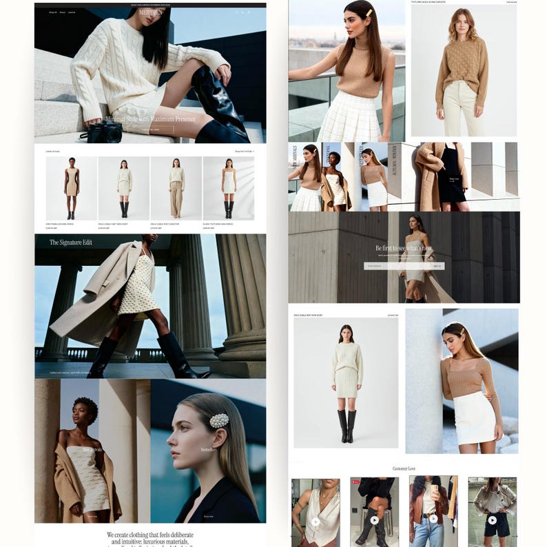 A collage of web pages and product images from a minimalist clothing store template.