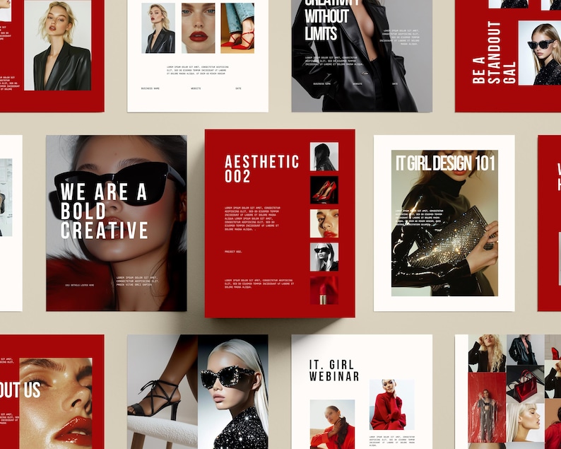May include: A collage of images featuring fashion and design inspiration. The images include a woman wearing a black leather jacket, a woman wearing sunglasses, and a woman wearing a red dress. The text "We are a bold creative" is featured in one of the images. The text "Aesthetic 002" is featured in another image. The text "IT Girl Design 101" is featured in another image. The text "IT. Girl Webinar" is featured in another image. The text "Be a standout gal" is featured in another image. The text "Without limits" is featured in another image.