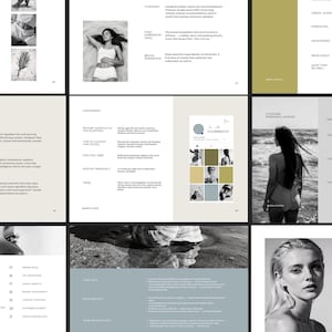 May include: A grayscale collage of images and text. One image shows a woman in white lingerie. Another shows a woman standing in the ocean. Other images include text about social media strategy and customer experience.